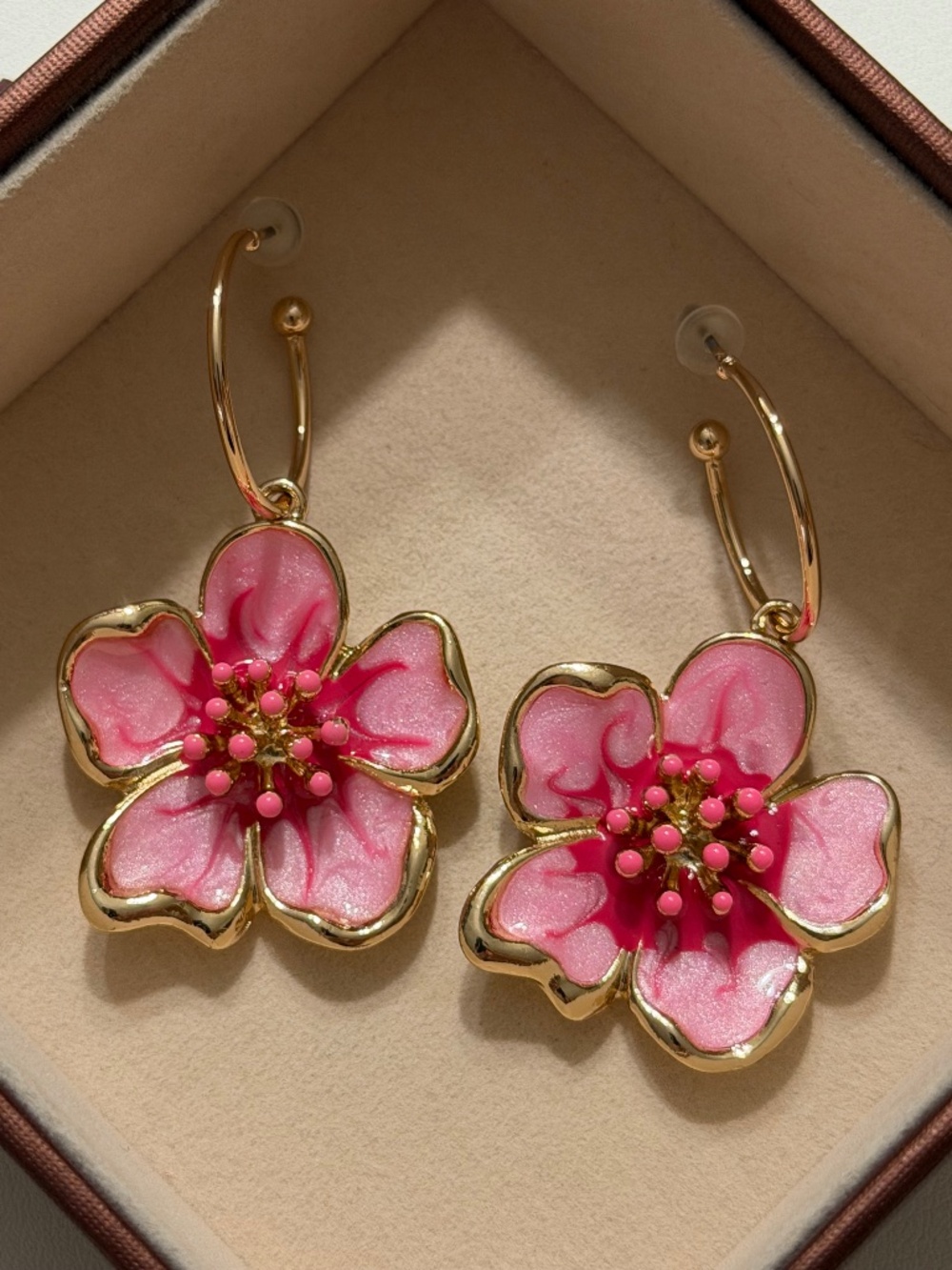 Golden Pink Latte Oil Dripping Flower Enamel Statement Dangle Earrings